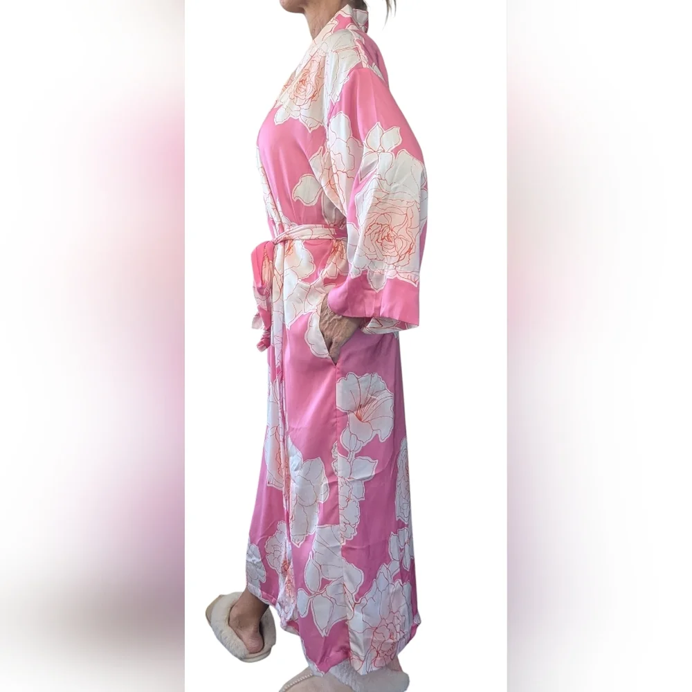 NATORI Nara Women’s Floral Belted Kimono Robe Pink White Peony Size M - Picture 15 of 15